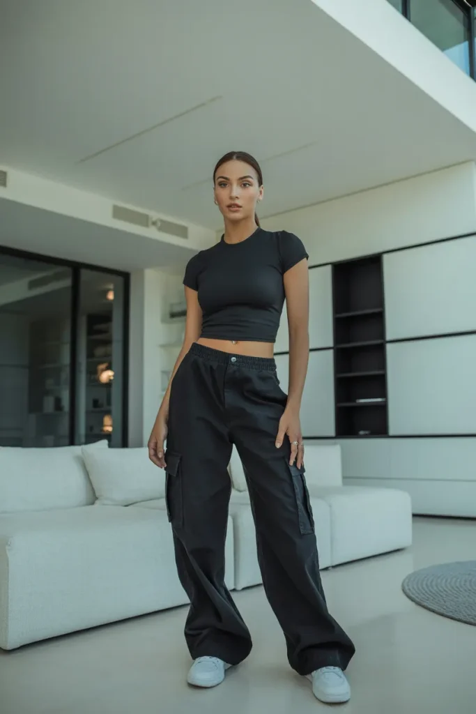 Black Crop Top with Black Cargo Pants