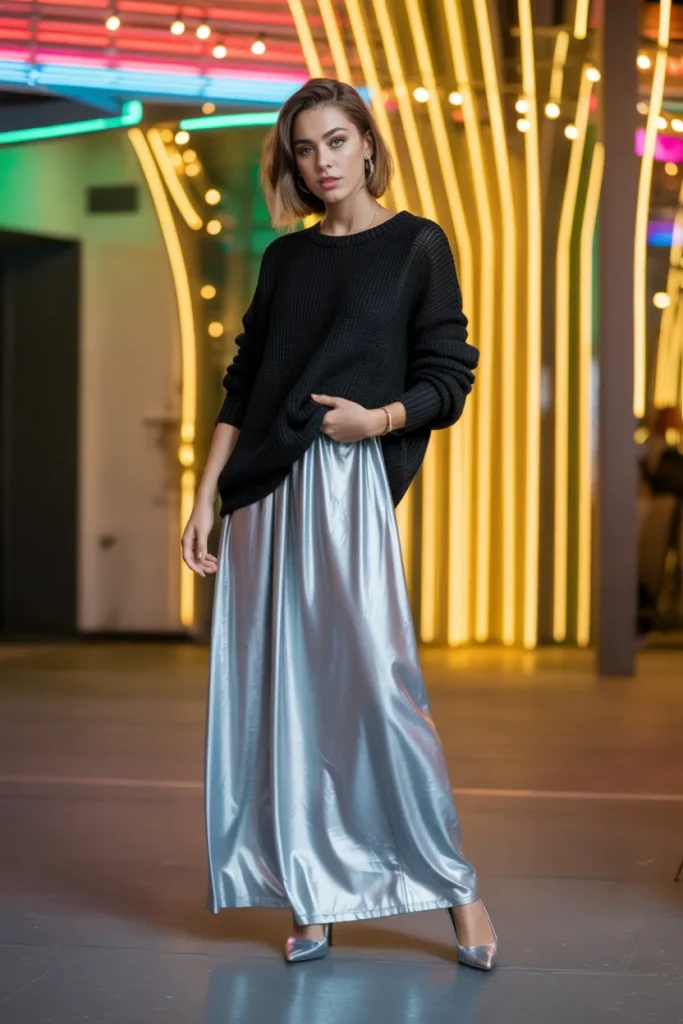 Black Loose Sweater with Long Silver Skirt