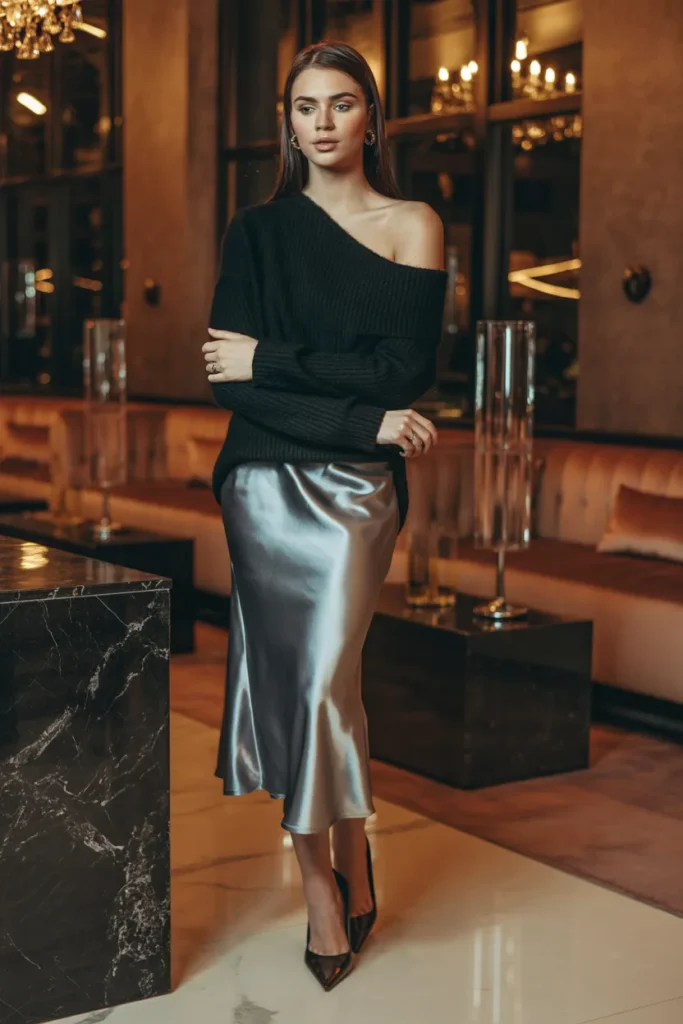 Black Off Shoulder Sweater with Satin Silver Skirt