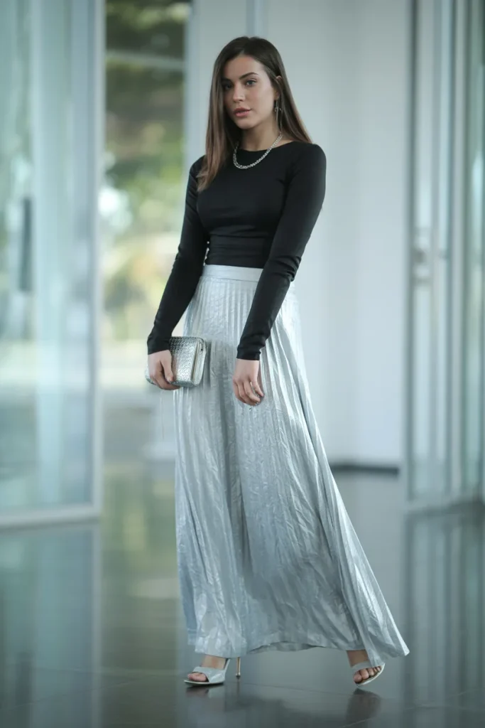 Black Skinny Top with Long Silver Skirt