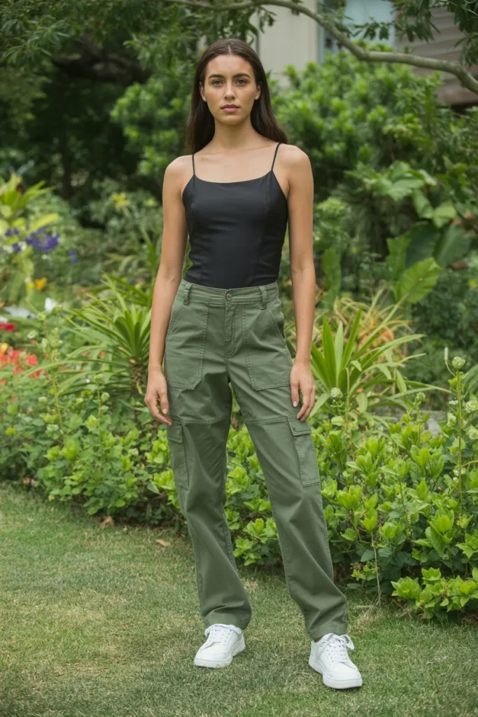 Black Strap Top with Cargo Pants
