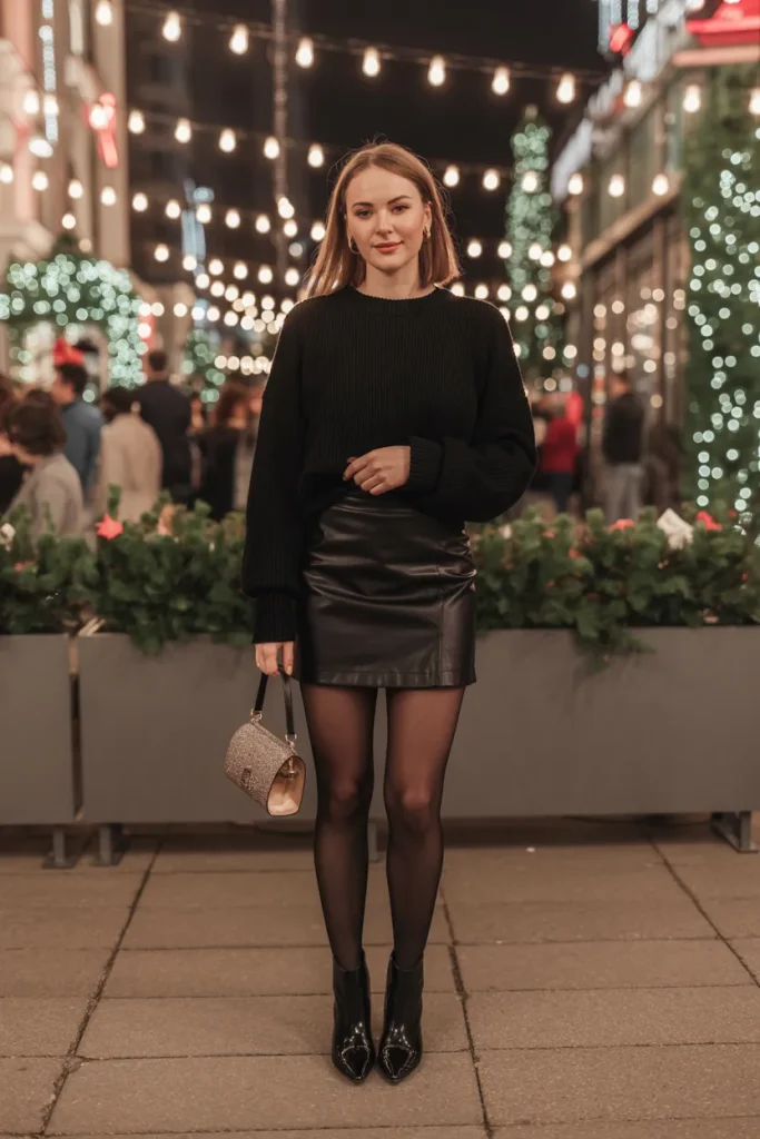 Black Sweater and Mini Skirt with Tights