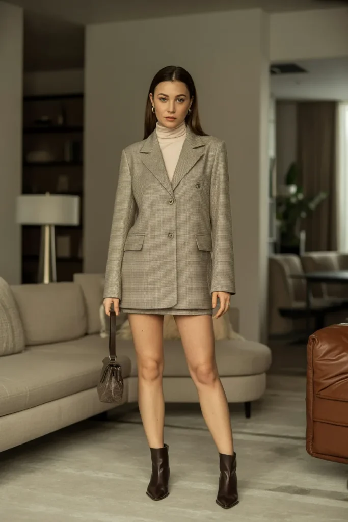21 Rich Women Classy Dress Ideas for Elegant Luxury Style Guide 4 Button Blazer with Turtle Neck and Mini Shirt