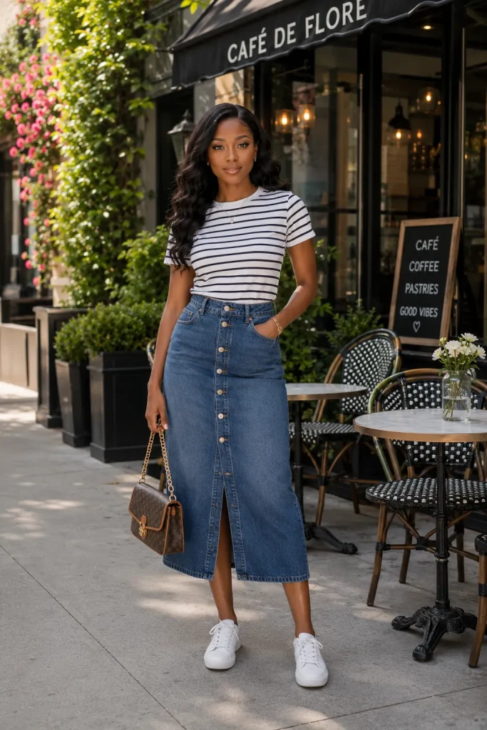 Button Down Denim Skirt and Striped Tee