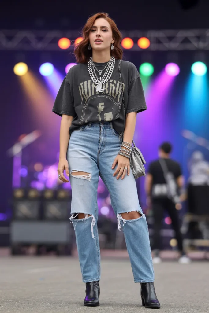 Concert Ready Graphic T Shirt with Distressed Jeans