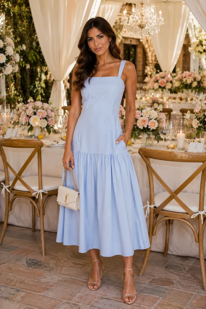 Cotton Poplin Drop Waist Smocked Back Midi Dress with Pockets