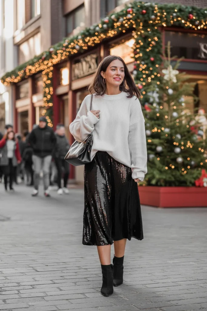 Cozy White Sweater with Black Sequin Skirt