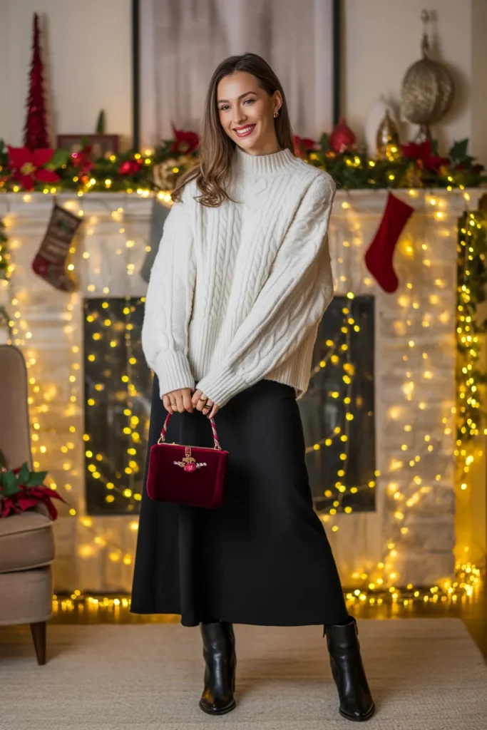 Cozy White Sweater with Skirt for Holiday Party