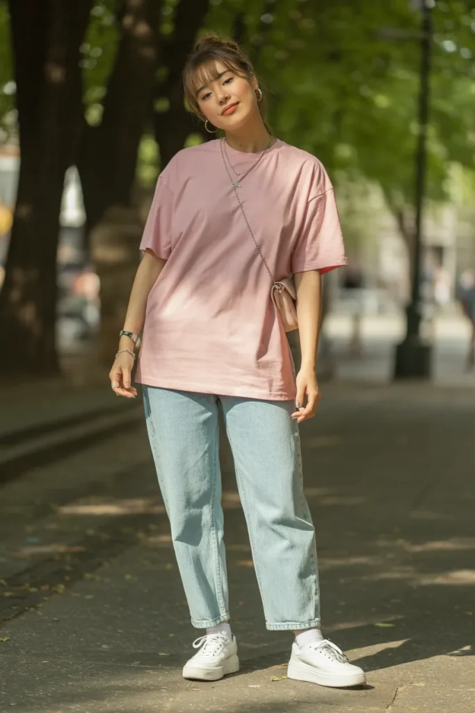 Cute Oversized T Shirt with Discharge Jeans