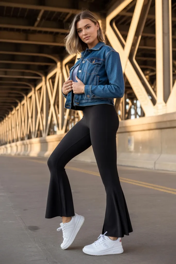 Denim Jacket with Flare Legging and Sports Shoes
