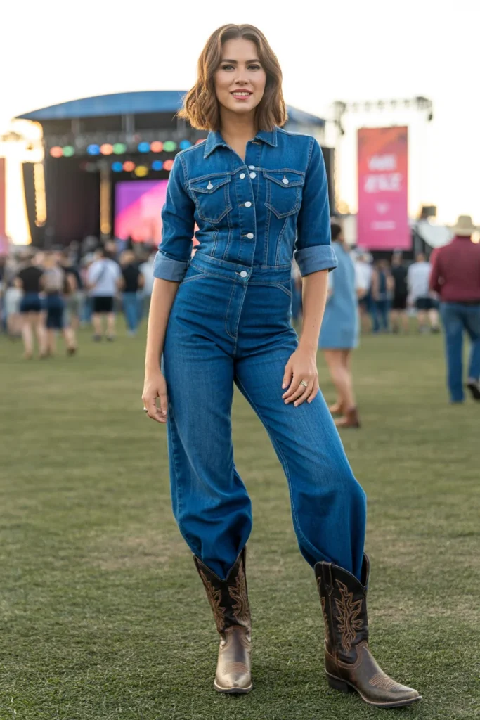 Denim Jumpsuit with Cowboy Boots for Outdoor Concert 1