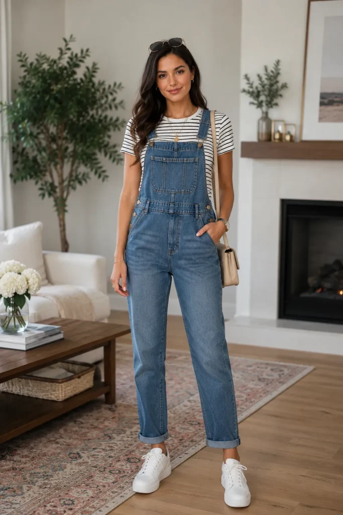 Denim Overalls and Striped Tee