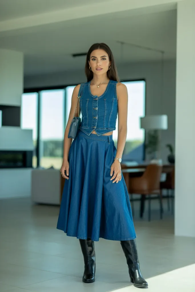 Denim Vest Top with Midi Skirt and Knee Length Boots