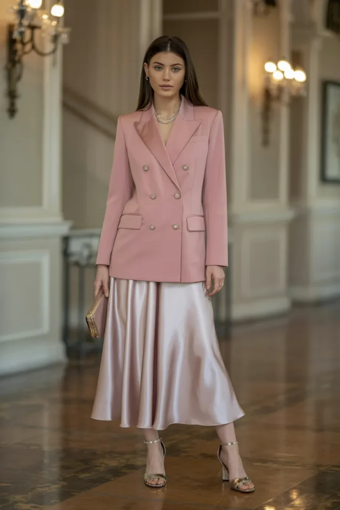 21 Rich Women Classy Dress Ideas for Elegant Luxury Style Guide 13 Double Breasted Blazer with Satin Skirt
