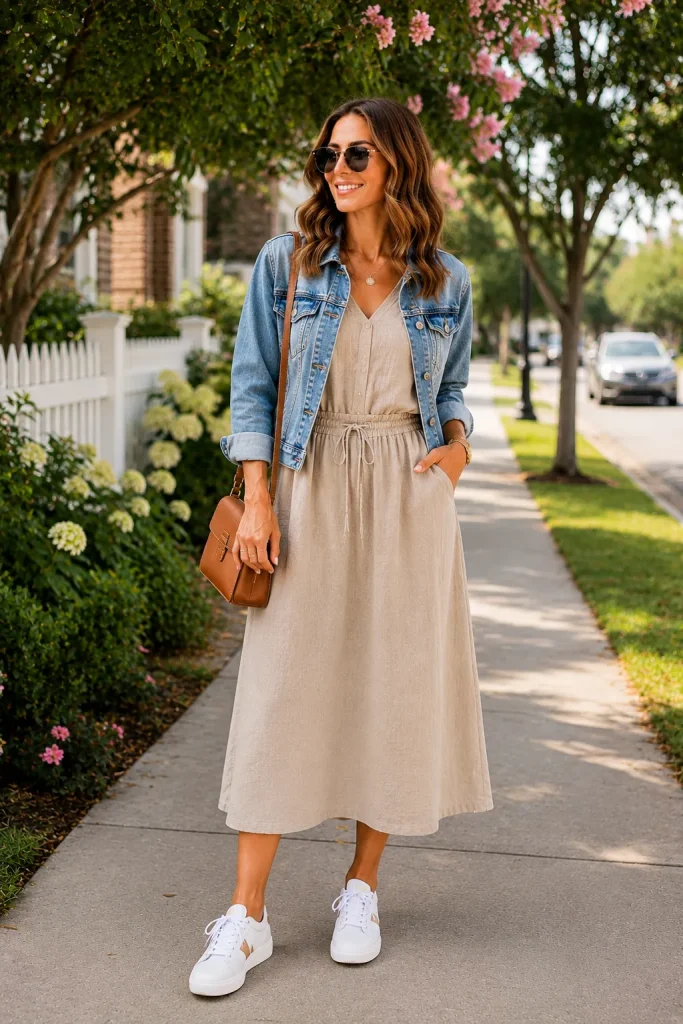 Drawstring Dress with Denim Jacket