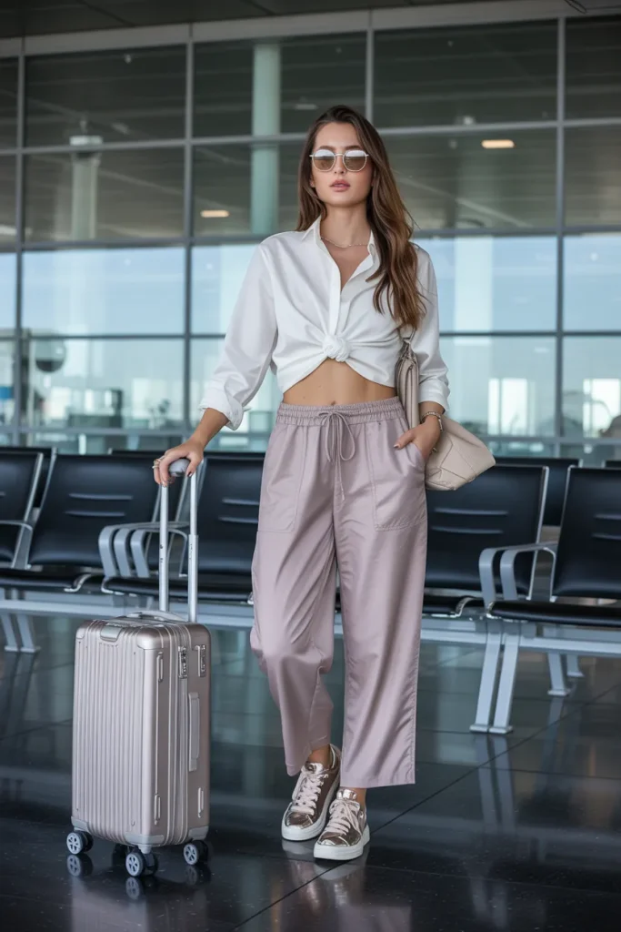 Drawstring Pants with Tucked Blouse
