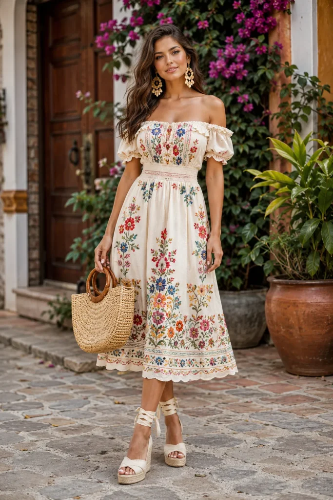 Embroidered Off Shoulder Dress with Espadrilles