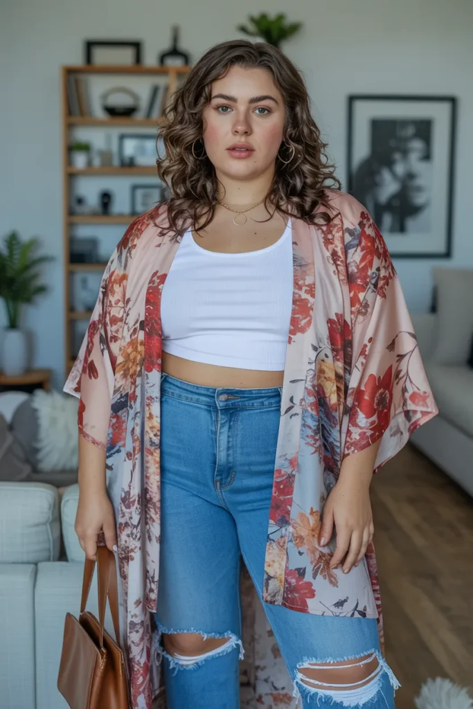 Floral Kimono with Ripped Jeans