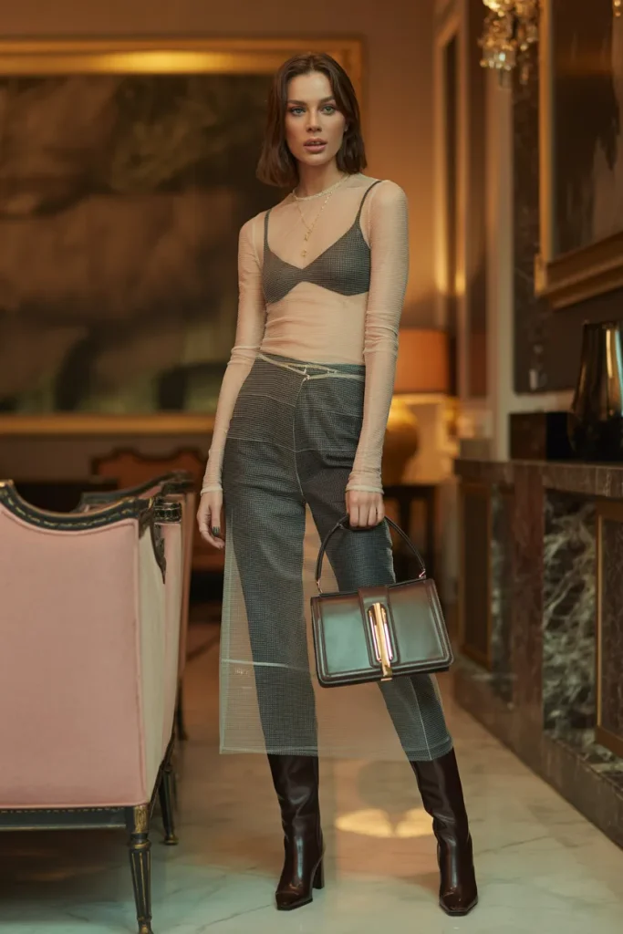 21 Billie Eilish Concert Outfits for Women: Street Style Looks 9 Full Sleeve Mesh Top with Knee Length Boots and Premium Handbag
