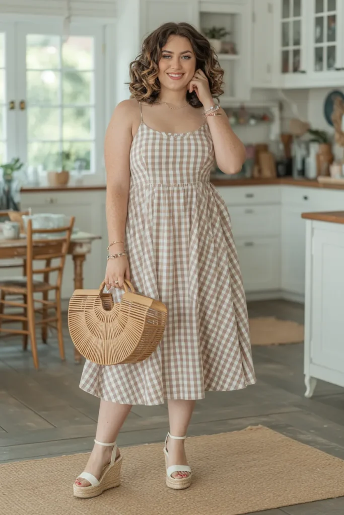Gingham Dress with Wedges