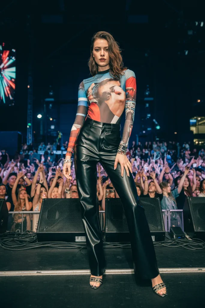 21 Billie Eilish Concert Outfits for Women: Street Style Looks 11 Graphic Bodysuit with Leather Pants for Billie Eilish Concert Outfit