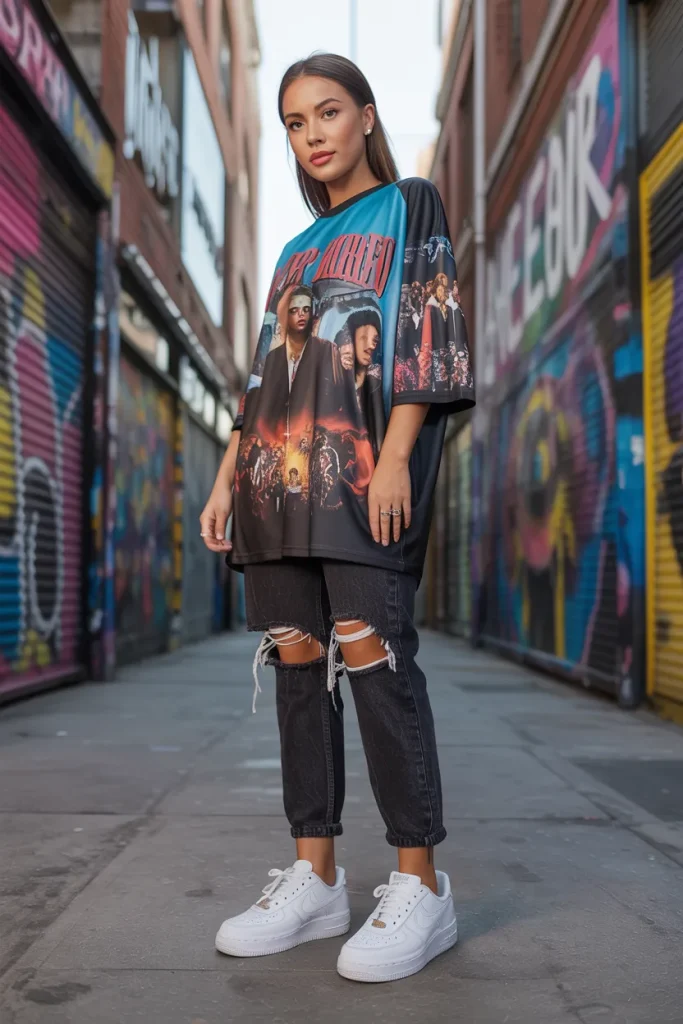 21 Billie Eilish Concert Outfits for Women: Street Style Looks 3 Graphic Jersey with Concert Jeans and Premium Nike Shoes