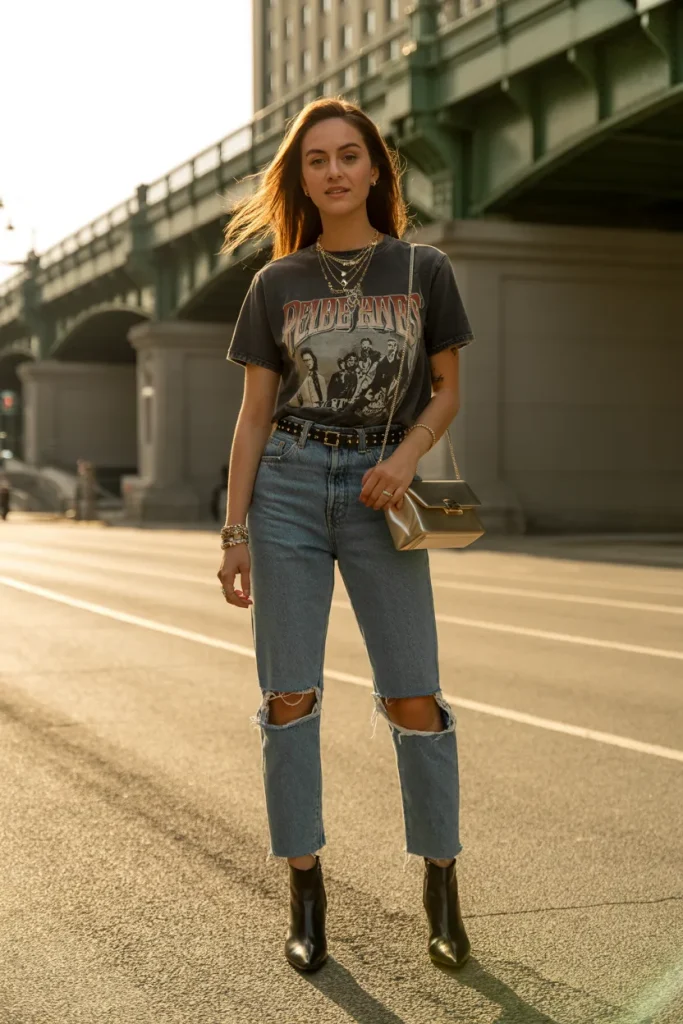 Graphic T Shirt with Distressed Jeans and Ankle Boots