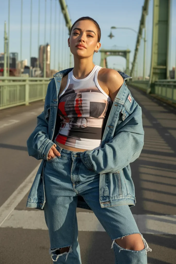 Graphic Tank Tube with Denim Jacket and Jeans