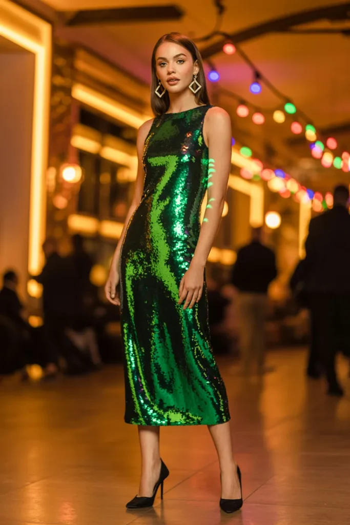 Green Sequin Midi Dress for Night Party