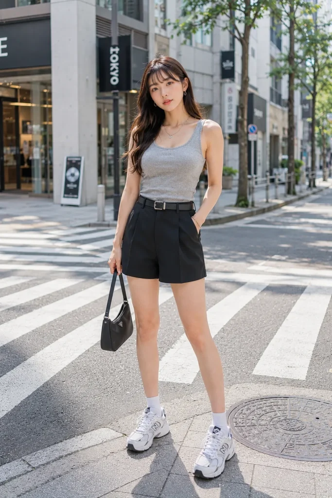 Grey Tank Black Shorts