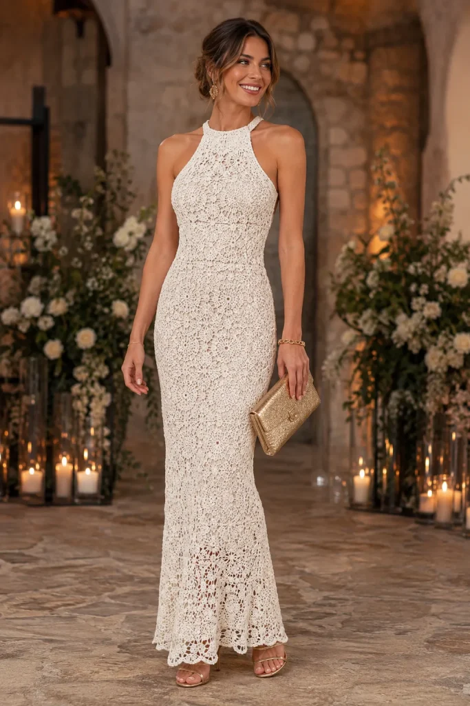 Halter Neck Long Crochet Wedding Dress with Golden Clutch