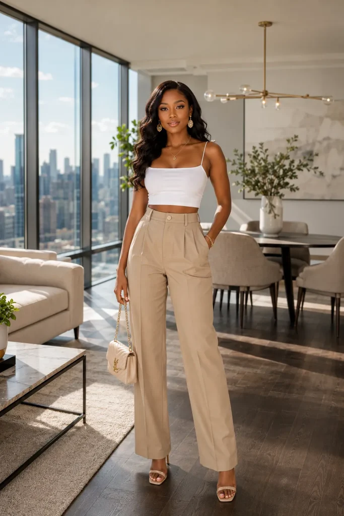 High Waist Khaki Pants and White Crop Top