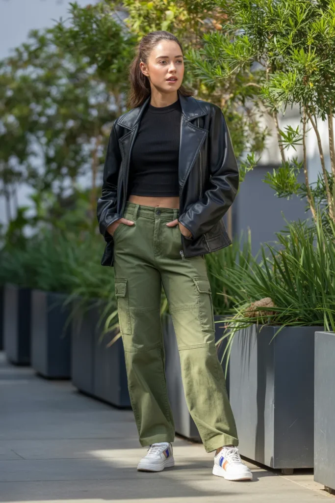 Leather Jacket with Cargo Pants and Sneakers