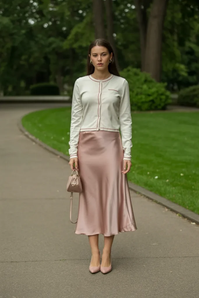 21 Rich Women Classy Dress Ideas for Elegant Luxury Style Guide 18 Line In Cardigan with Satin Midi Skirt
