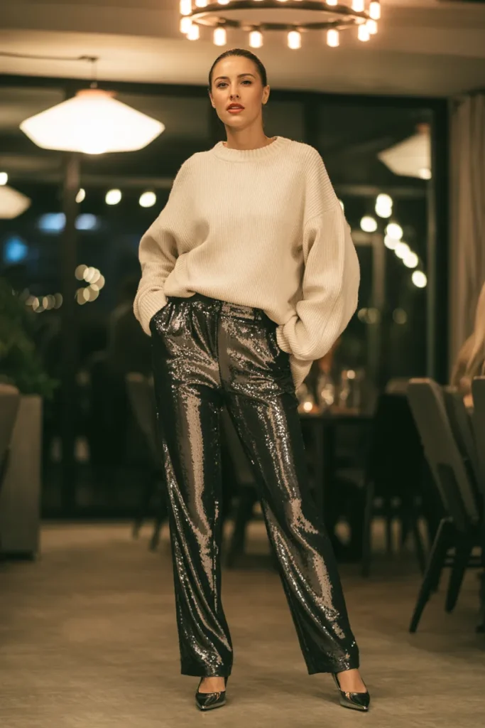 Loose Knitted Sweater with Sequin Dress Pants