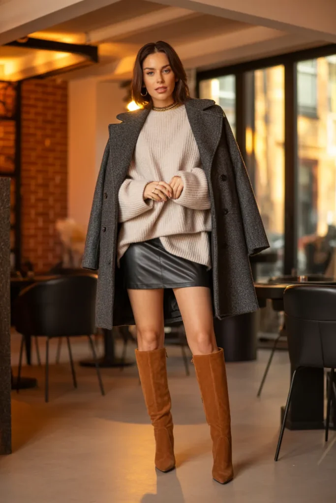 Loose Sweater with Mini Skirt and Winter Jacket