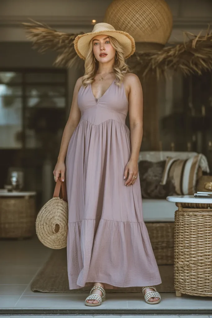 Maxi Dress with a Straw Hat