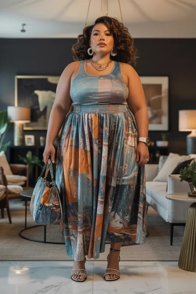 Mixed Print Maxi Skirt with Solid Top