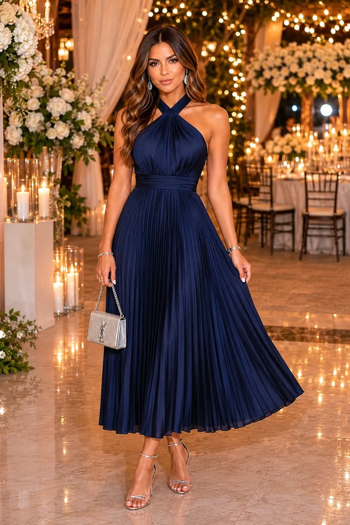 Navy Blue Pleated Halter Dress
