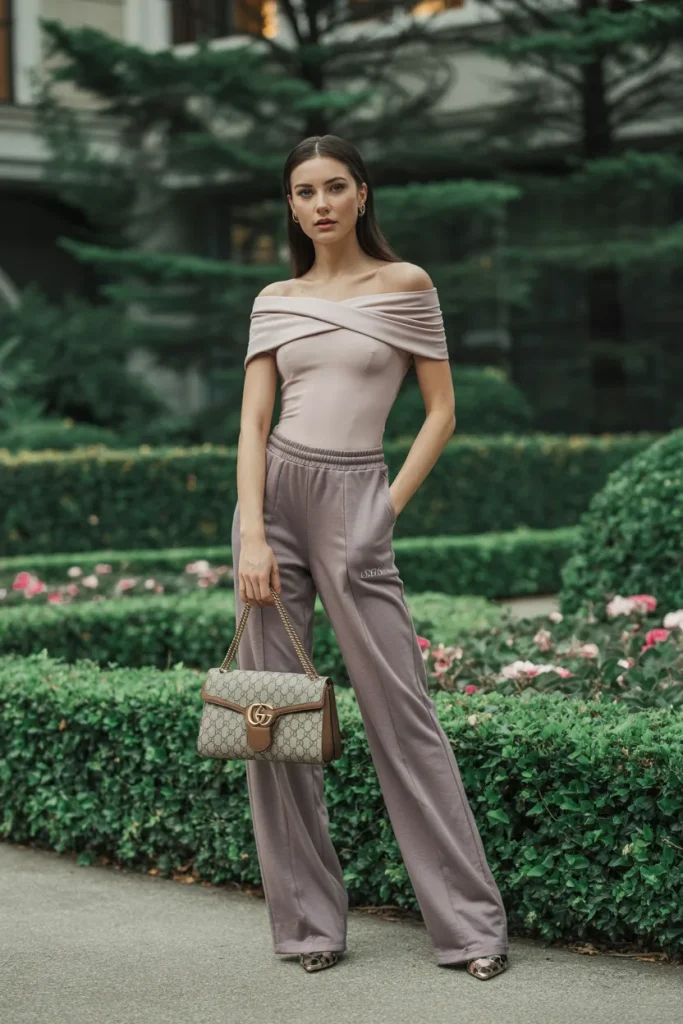 Off Shoulder Bodysuit Sweatpants Gucci Bag