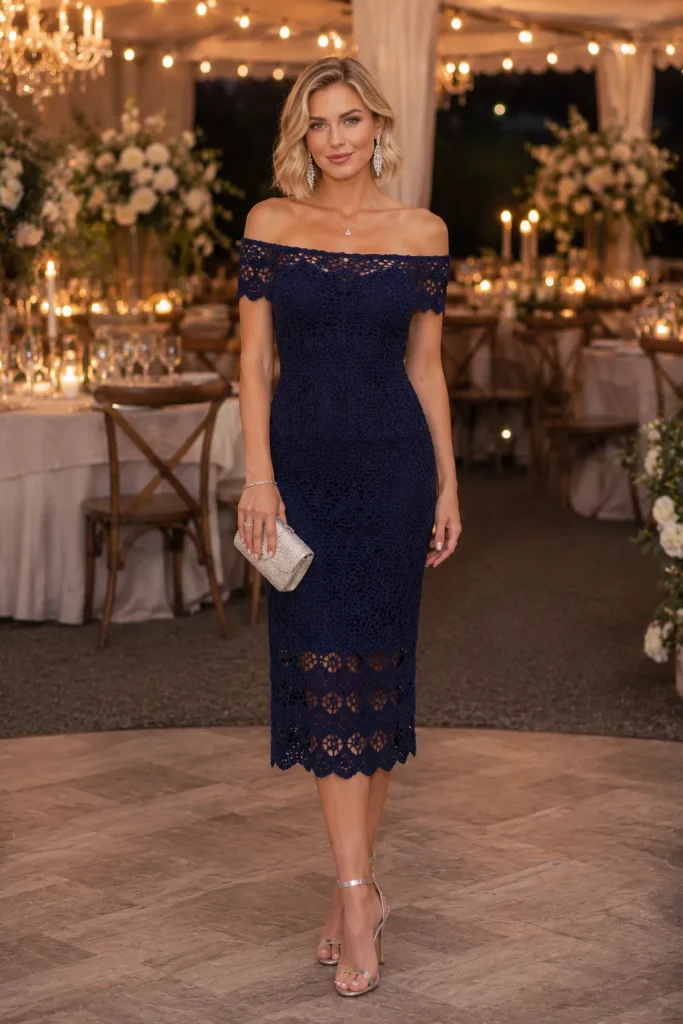 Off Shoulder Dark Blue Crochet Midi Dress