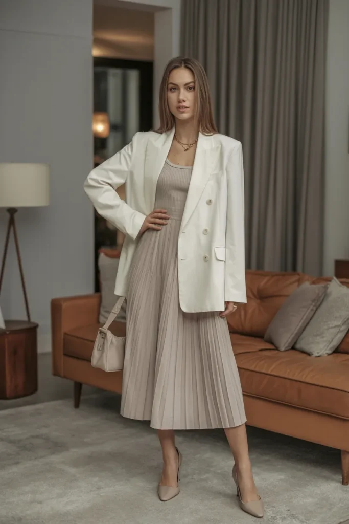 21 Rich Women Classy Dress Ideas for Elegant Luxury Style Guide 21 Off-White Blazer with Midi Dress