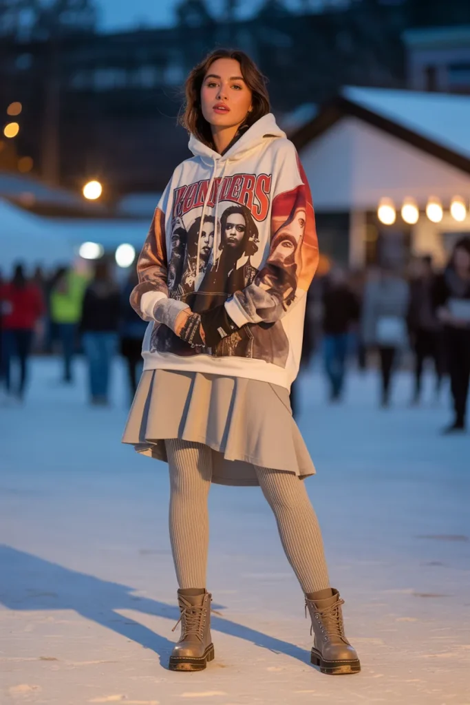 21 Billie Eilish Concert Outfits for Women: Street Style Looks 21 Oversized Graphic Concert Hoodie with Skirt and Thermal Leggings