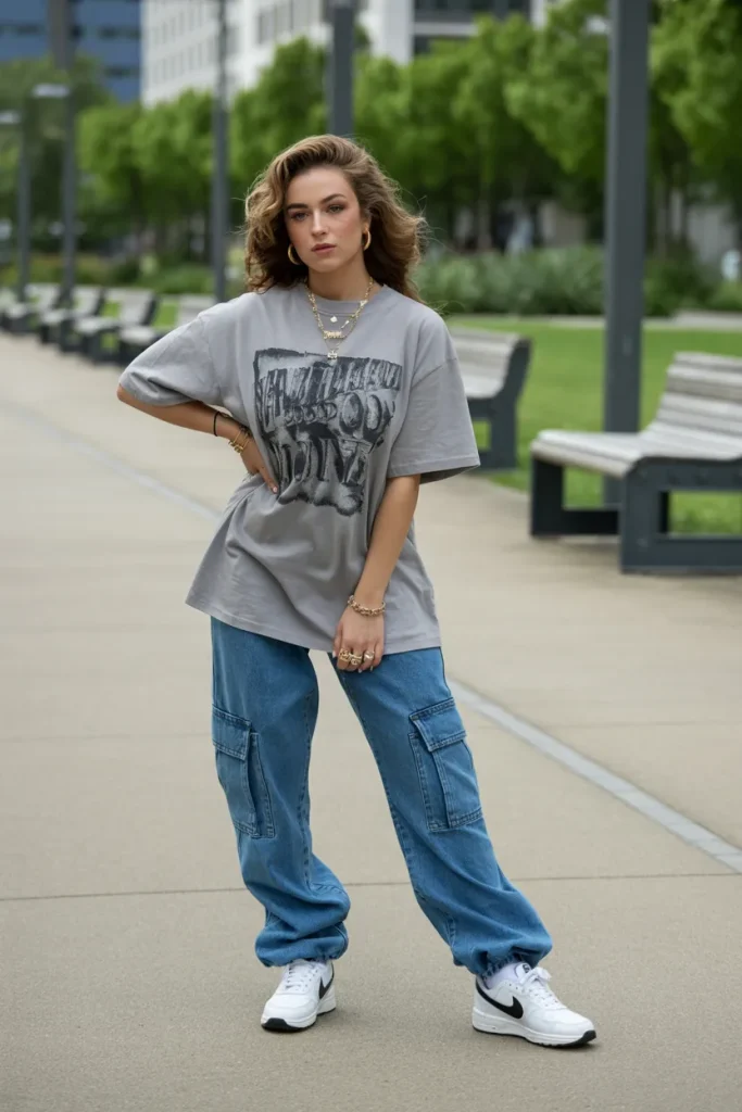 Oversized Graphic T Shirt with Cargo Jeans and Nike Shoes