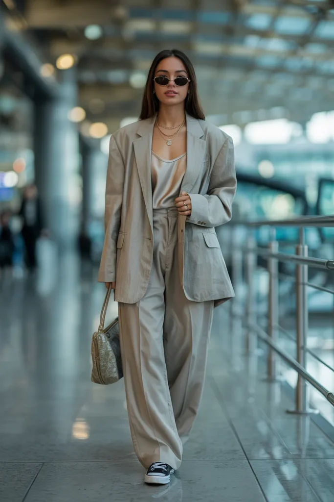 Oversized Linen Blazer with Silk Tank and Wide Leg Pants