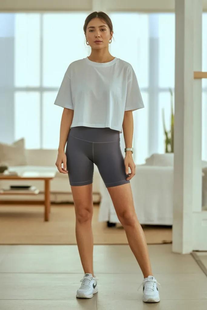 Oversized Plain T Shirt with Yoga Shorts and Nike Shoes