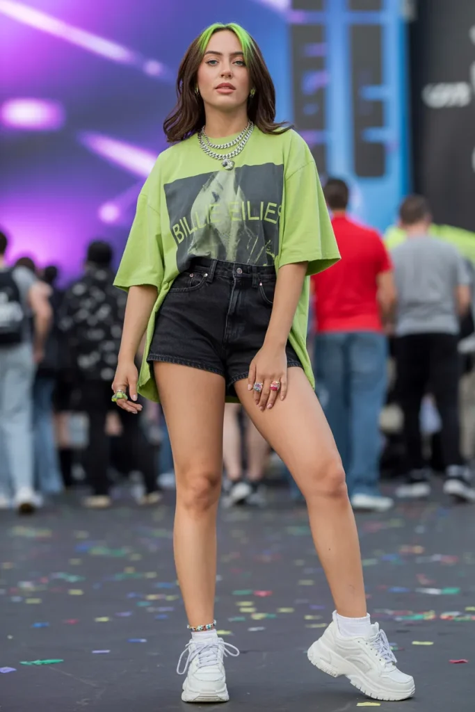 21 Billie Eilish Concert Outfits for Women: Street Style Looks 18 Oversized Shirt with Black Shorts for Billie Eilish Concert Outfit