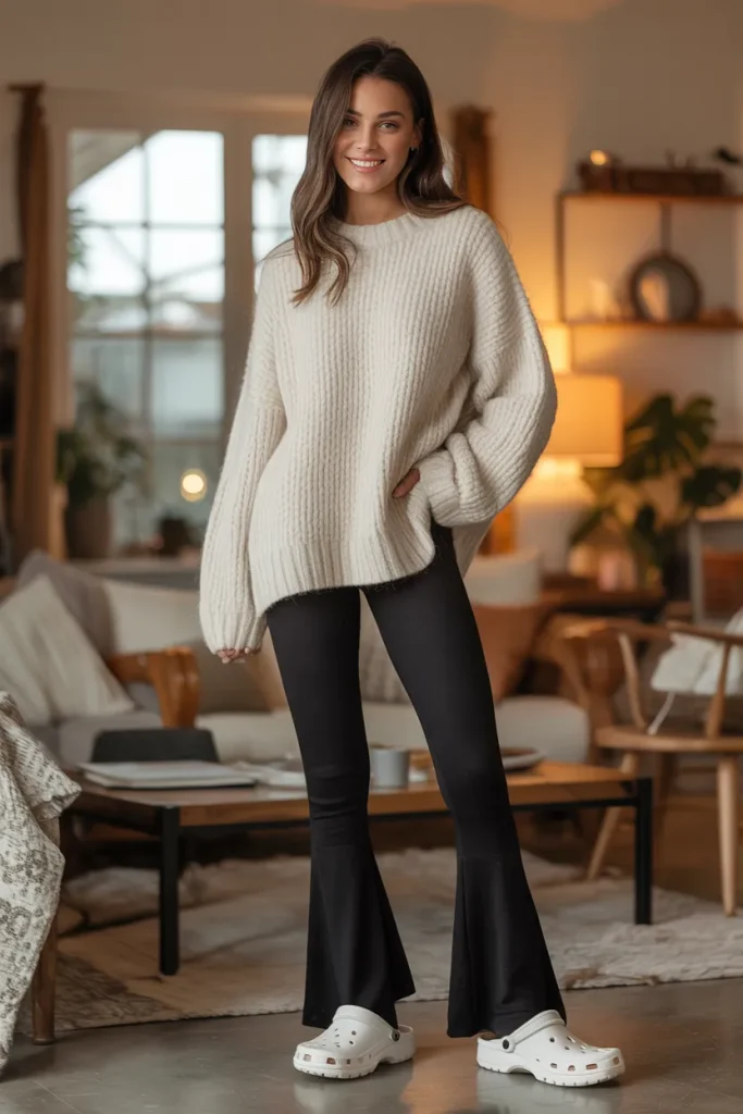 Oversized Sweater with Flare Legging and Crocs