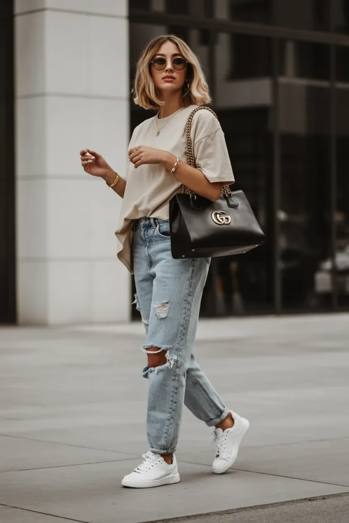 Oversized T Shirt with Distressed Jeans and a Gucci Handbag