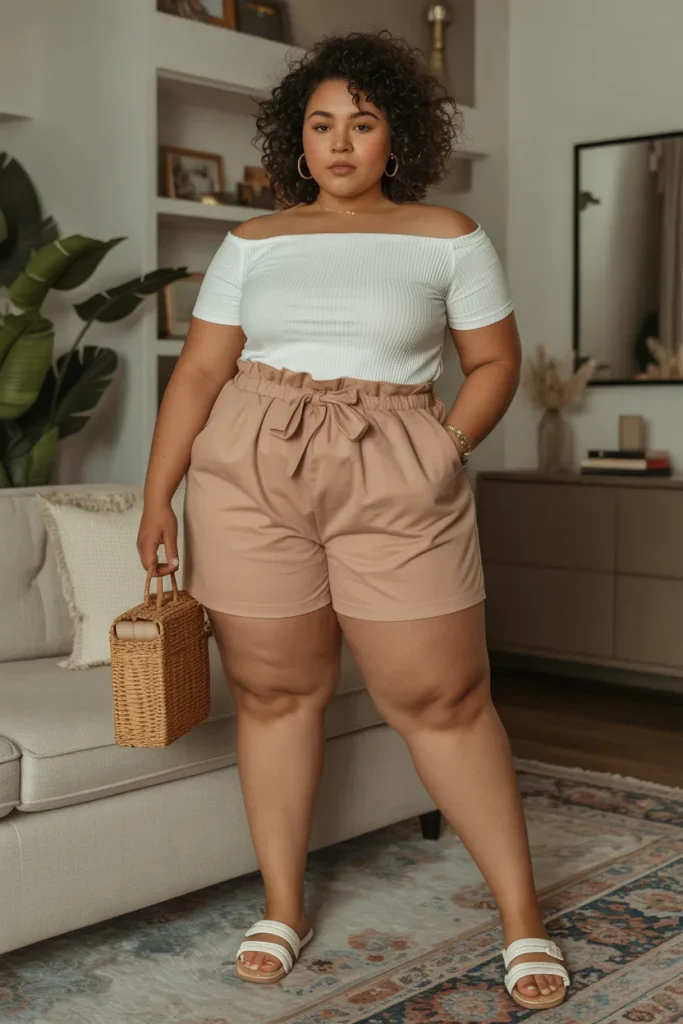 Paper Bag Shorts with Off Shoulder Top